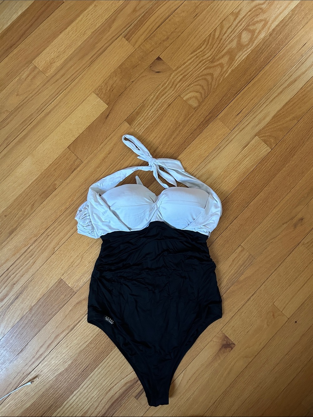 Two-Tone Black and White One-Piece Swimsuit - Classic Halter